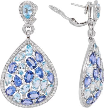Dangling earrings in 18k white gold with blue sapphires, aquamarines and diamonds
