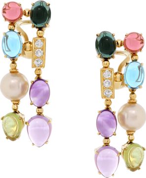 Dangling earrings in 18k yellow gold with pearls and cabochon stones