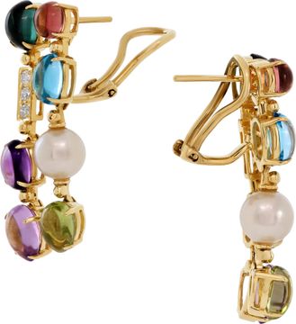 Dangling earrings in 18k yellow gold with pearls and cabochon stones