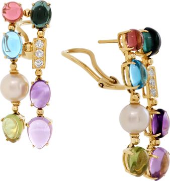 Dangling earrings in 18k yellow gold with pearls and cabochon stones