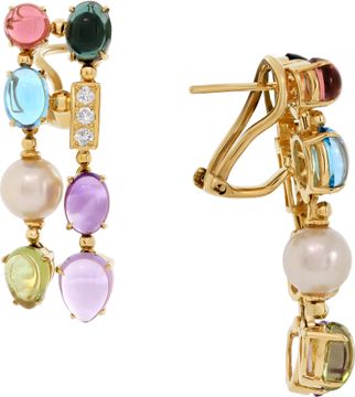 Dangling earrings in 18k yellow gold with pearls and cabochon stones