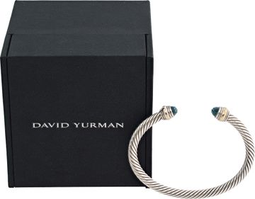 David Yurman 4mm sterling silver bracelet with 14k gold and blue topaz