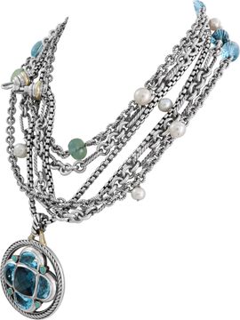 David Yurman Bijoux Multi Strand Bracelet with a Topaz & Turquoise Renaissance Half-Moon Enhancer in Sterling Silver and 18K Yellow Gold. Total Length: 34 inches