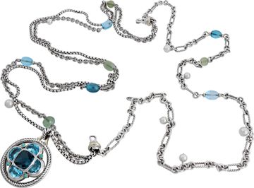 David Yurman Bijoux Multi Strand Bracelet with a Topaz & Turquoise Renaissance Half-Moon Enhancer in Sterling Silver and 18K Yellow Gold. Total Length: 34 inches