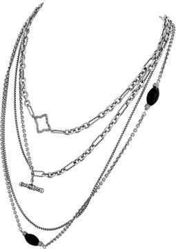 David Yurman Black Spinel & Diamond 3 Strand Chains Necklace in Sterling Silver. Total Length: 32 inches.