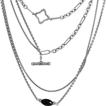 David Yurman Black Spinel & Diamond 3 Strand Chains Necklace in Sterling Silver. Total Length: 32 inches.