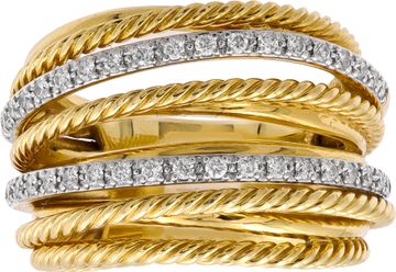 David Yurman Cross Over Cable ring in 18k yellow gold with approximately 0.33 carats in diamonds.