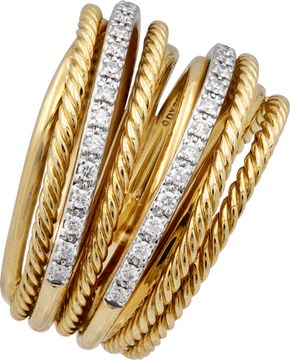 David Yurman Cross Over Cable ring in 18k yellow gold with approximately 0.33 carats in diamonds.