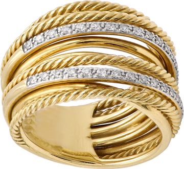 David Yurman Cross Over Cable ring in 18k yellow gold with approximately 0.33 carats in diamonds.
