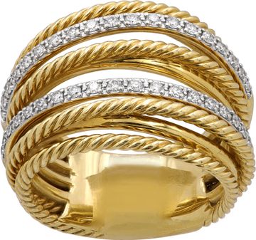 David Yurman Cross Over Cable ring in 18k yellow gold with approximately 0.33 carats in diamonds. David Yurman Cross Over Cable ring in 18k yellow gold with approximately 0.33 carats in diamonds. Ring Collection