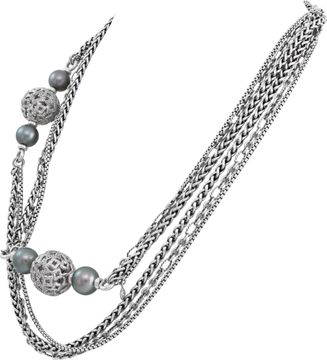 David Yurman Quatrefoil 4 Tahitian Pearl 2 Diamond Balls Multi Strand Necklace in sterling silver. Total Length: around 20 inches.