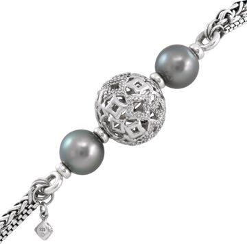 David Yurman Quatrefoil 4 Tahitian Pearl 2 Diamond Balls Multi Strand Necklace in sterling silver. Total Length: around 20 inches.