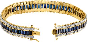 Diamond and blue sapphire line bracelet in 18k yellow gold
