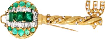 Diamond and Emerald Key Brooch/Pin/Pendant in 18k yellow gold