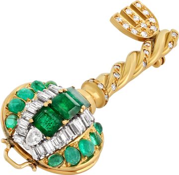 Diamond and Emerald Key Brooch/Pin/Pendant in 18k yellow gold