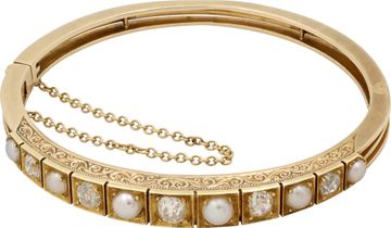 Diamond and natural pearl bangle in 14k yellow gold Bracelet Collection