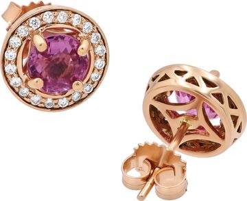 Diamond and pink sapphire stud earrings in 14k rose gold