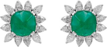 Diamond and Zambian Cushion Emerald Earrings in Platinum
