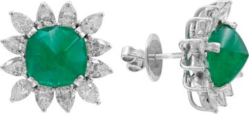 Diamond and Zambian Cushion Emerald Earrings in Platinum
