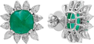 Diamond and Zambian Cushion Emerald Earrings in Platinum