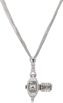 Diamond cocktail watch made into pendant in platinum on an 18k white gold chain