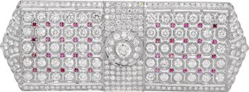 Diamond Rectangular Brooch wIth small rubies In 18k white gold Jewelry Collection