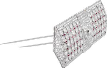 Diamond Rectangular Brooch wIth small rubies In 18k white gold