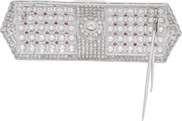 Diamond Rectangular Brooch wIth small rubies In 18k white gold
