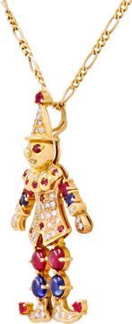 Diamond Ruby and Sapphire Jester/Clown Pendant on a Figaro Chain in 18k