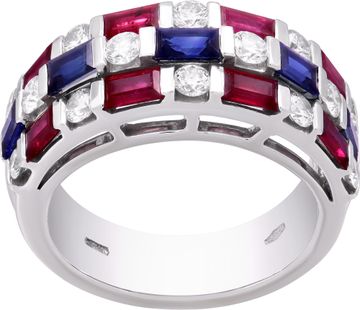 Diamond, ruby and sapphire ring in 18k white gold with Tic-Tac-Toe design Ring Collection