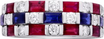 Diamond, ruby and sapphire ring in 18k white gold with Tic-Tac-Toe design