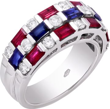 Diamond, ruby and sapphire ring in 18k white gold with Tic-Tac-Toe design