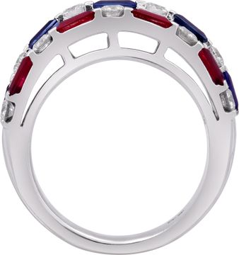Diamond, ruby and sapphire ring in 18k white gold with Tic-Tac-Toe design