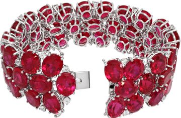 Diamonds & over 200 carats oval lab grown ruby wide bracelet in 18k yellow gold