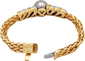 Double Braided Pearl braclet in 18k yellow gold with white and yellow diamonds