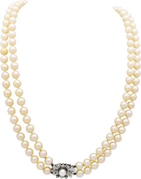 Double strand pearl necklace with 14k white gold and diamond clasp. 24 inch length.