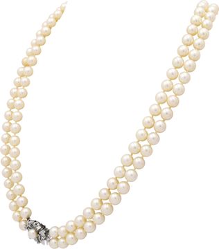 Double strand pearl necklace with 14k white gold and diamond clasp. 24 inch length.