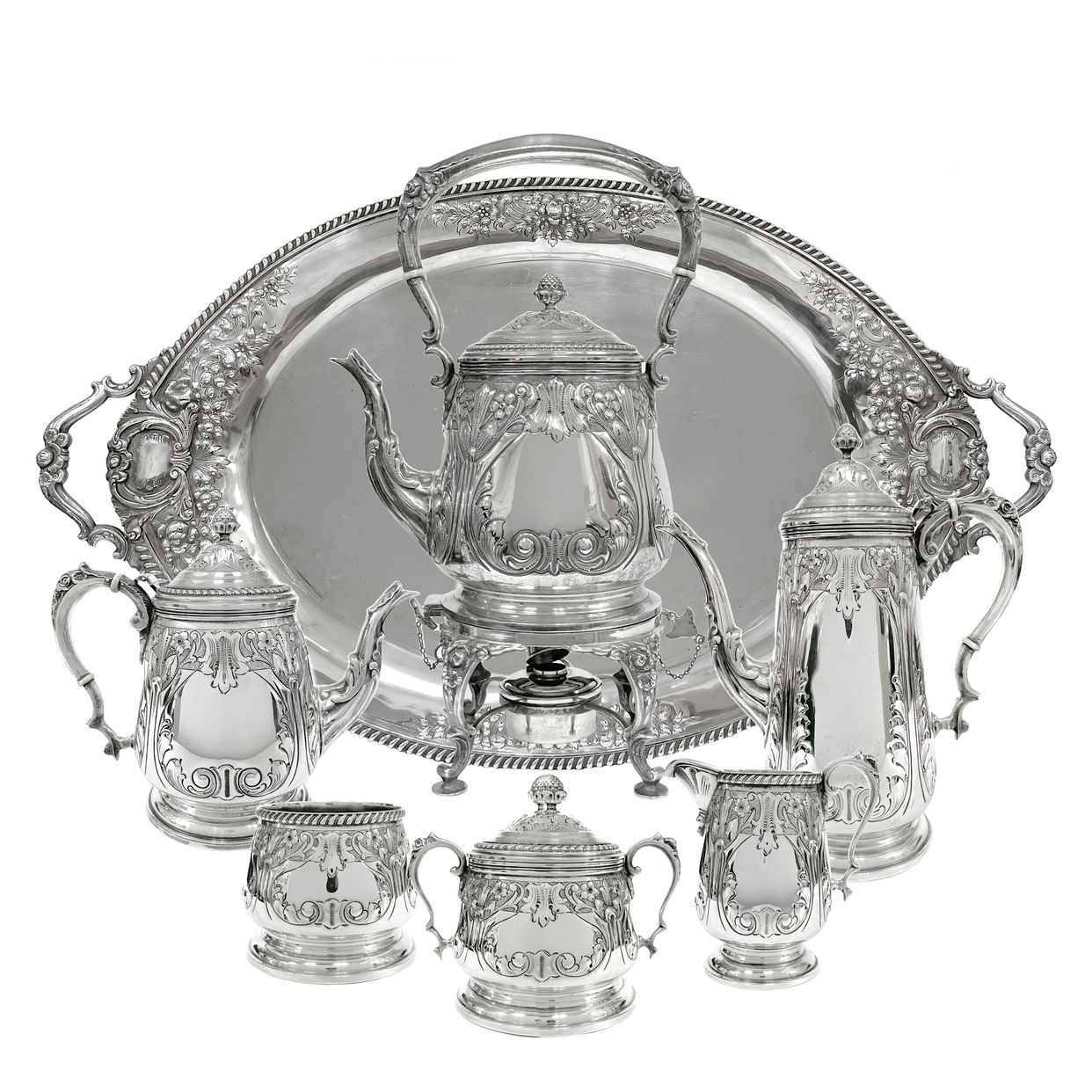 7 pieces HAND CHASED STERLING SILVER tea/coffee set with | Gray & Sons