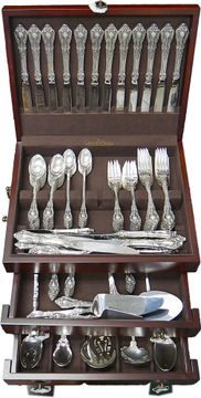 ELOQUENCE sterling silver flatware set 1953 by Lunt Silversmiths. The most complete Eloquence Lunt set being sold in America. TOTAL: 121 pieces. Over 170 troy ounces of .925 sterling silver