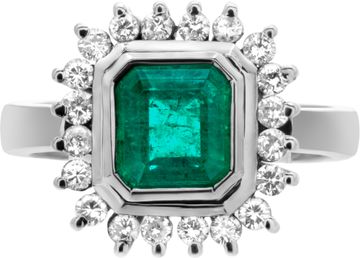 Emerald and diamond ring. 18k white gold