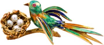 Enamel Bird Brooch With Pearl Nest In 18k Yellow Gold Jewelry Collection