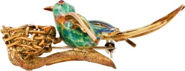 Enamel Bird Brooch With Pearl Nest In 18k Yellow Gold