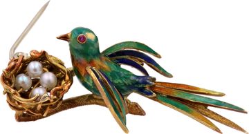 Enamel Bird Brooch With Pearl Nest In 18k Yellow Gold
