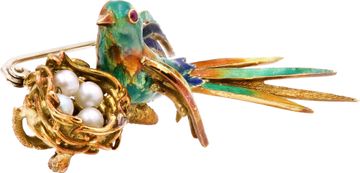 Enamel Bird Brooch With Pearl Nest In 18k Yellow Gold