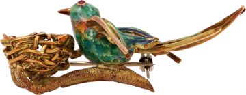 Enamel Bird Brooch With Pearl Nest In 18k Yellow Gold Enamel Bird Brooch With Pearl Nest In 18k Yellow Gold Jewelry Collection