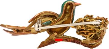 Enamel Bird Brooch With Pearl Nest In 18k Yellow Gold