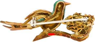 Enamel Bird Brooch With Pearl Nest In 18k Yellow Gold
