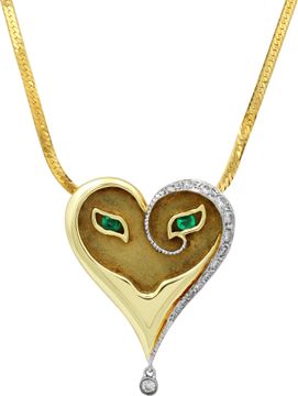 Erte "Mysteries of the Heart" Emerald Eyes Mask pendant and chain in 18k yellow gold. Necklace Collection