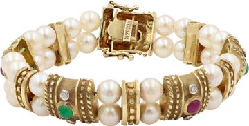 Cabochon ruby, sapphire, and emerald bracelet in 14k yellow gold with pearls Etruscan Style Cabochon ruby, sapphire, and emerald bracelet in 14k yellow gold with pearls Bracelet Collection