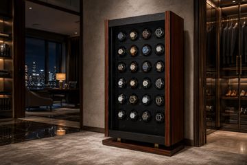 Illustrative luxury wardrobe with a cabinet containing multiple watch winders